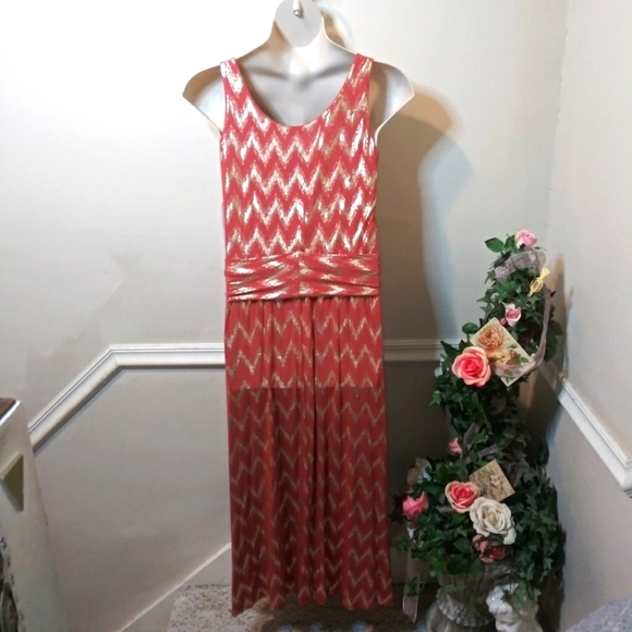 Soft Surroundings Coral & Sparkly Gold Chevron Patterned Alessandra Maxi Dress - Picture 7 of 11